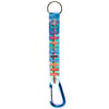 A keychain with a blue carabiner and a fabric strap listing popular Ron Jon destinations in colorful text.