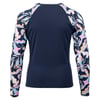 Back view of a long-sleeve rash guard featuring a solid navy body and sleeves with a colorful abstract leaf pattern in pink, white, and blue.