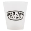 Frosted shot glass with the Ron Jon Surf Shop logo printed in black on the front.