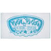 A white beach towel with a blue, mirrored Ron Jon Surf Shop logo and hibiscus flowers.
