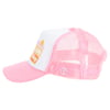 Pink and white mesh trucker hat with embroidered logo on front and side.