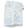 Light blue and white floral-patterned garment with an elastic waistband and drawstring, featuring a small wooden bead detail.