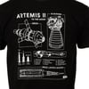 Black t-shirt with white technical drawings and text of Artemis II mission, showing the Orion spacecraft, RS-25 engine, and Space Launch System rocket.