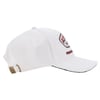 White baseball cap with a curved brim, embroidered patch on the front, and an adjustable strap with a metal clasp on the back.