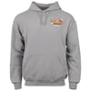 Gray hooded sweatshirt with a front pocket and a small Ron Jon Surf Shop, Cocoa Beach, Fla. logo on the upper left chest.