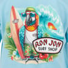 Colorful parrot in a surf shop shirt, wearing sunglasses, stands by a surfboard and ocean wave on a beach-themed illustration.