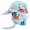 A light blue childrens sun hat with a brim and neck flap, featuring cartoon crabs, a shark, seaweed, and the text Oh Snap! in a speech bubble.