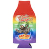 A colorful bottle sleeve with a sloth hanging from a tree, text Just Hangin, and Ron Jon Surf Shop logo against a sunset and palm trees background.