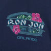 A navy shirt features the Ron Jon Surf Shop Orlando logo with floral graphics and tropical leaf pattern in the background.