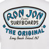 White fabric with a Ron Jon Surfboards logo stating The Original and Long Beach Island, NJ in blue and black text.