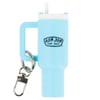 A light blue plastic keychain shaped like a tumbler with a white lid and Ron Jon Surf Shop logo, featuring a metal keyring and clip.