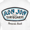 White shirt featuring the Ron Jon Surfboards logo with Pensacola Beach written below.