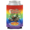 A can with a rainbow-colored coozie featuring a sloth, palm trees, the text Just Hangin, and Ron Jon Surf Shop.