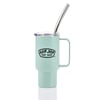 A mint green insulated mug with a handle, featuring a Ron Jon Surf Shop logo, a clear lid, and a metal straw.