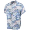 Short-sleeve button-up shirt with a tropical beach pattern in blue, white, and pastel colors, featuring flowers, palm trees, and waves.