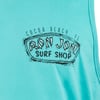 Close-up of a turquoise fabric with Cocoa Beach, FL Ron Jon Surf Shop logo printed in black.