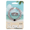 Lokai bracelet packaging with Ron Jon Surf Shop branding. White and black beads are visible. Background features an illustrated beach scene with palm trees and a blue sky.