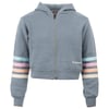 Blue zip-up hoodie with multicolored stripes on the sleeves and a small white logo on the front.
