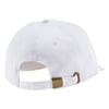 A white baseball cap viewed from the back, featuring an adjustable strap with a metal buckle.