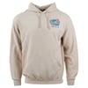 Beige hoodie with a colorful logo on the chest.