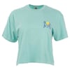 Light mint cropped t-shirt featuring a small graphic with a yellow sun and blue text that reads BORN JON on the front.