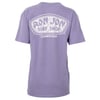 A purple t-shirt with Ron Jon Surf Shop Clearwater Beach printed in white on the back.