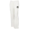 White sweatpants with an elastic waistband and a small graphic logo near the left pocket area.