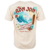 Beige T-shirt featuring a Ron Jon Surf Shop logo with a surfboard, ocean wave, and tropical flowers, labeled Cocoa Beach, FL.