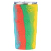 A tumbler with a clear lid, covered in red, blue, green, and yellow swirled colors, and decorated with raised turtle designs.