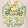 Illustration of a smiling sun surrounded by green leaves and pink hibiscus flowers above the text Ron Jon Surf Shop in bold, stylized letters.