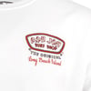 White shirt with "Ron Jon Surf Shop, The Original, Long Beach Island" logo in red and black on the front.
