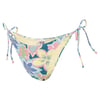 Floral-patterned bikini bottom with side tie strings in pastel colors on a white background.