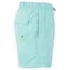 Side view of light blue-green swim trunks with an elastic waistband, side pocket, and back flap pocket.