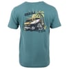Green t-shirt featuring a graphic of a van, palm trees, and a sunset. The text reads ONeill Ron Jon Surf Shop.