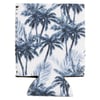 A fabric can cooler with a dark blue and white palm tree print pattern on a white background.