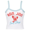 White tank top with light blue straps, featuring red Ron Jon text, a red lobster graphic, and light blue Surf Shop text on the front.