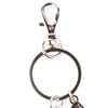 A close-up of a metal keyring with a round ring and a lobster clasp attachment.