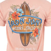 A t-shirt featuring a Ron Jon Surf Shop logo with a surfboard, tropical flowers, and text reading “Long Beach Island, NJ.”.