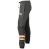 Gray jogger pants with a drawstring waist, featuring a rainbow graphic on the left leg and multicolored stripes near the ankle.
