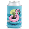 A can in a blue coozie featuring a pink flamingo with sunglasses making a shaka sign, floating on water with a sunset in the background. Text reads Little Box Guy and Ron Jon Surf Shop.