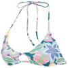 A colorful floral-patterned bikini top with halter neck straps and a keyhole design on one cup.