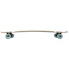 Side view of a longboard skateboard with a slightly concave wooden deck and teal wheels on black trucks, photographed against a white background.