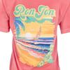 Back of a pink Ron Jon t-shirt featuring a tropical beach scene with a sailboat, sunset, palm leaves, and yellow hibiscus flowers.