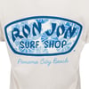 Off white shirt with a design that reads Ron Jon Surf Shop and Panama City Beach in blue and white lettering.