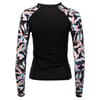 Back view of a black long-sleeve rash guard with colorful, abstract floral patterns on the sleeves.
