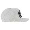 A grey hat with a black patch on it.