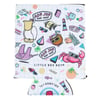 Colorful beverage coozie with a retro design featuring tropical elements like fish, palm trees, a crab, and surfboards, along with Ron Jon Surf Shop logos and geometric patterns.