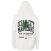 White hoodie featuring a graphic of a palm tree and large black text reading Ocean City Maryland, Ron Jon Surf Shop, Always at the Beach, Vintage Surf on the back.