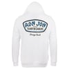 White hoodie with Ron Jon Surfboards logo and Orange Beach text on the back.