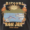 Vintage-style surf-themed design on a black background featuring a sun, waves, dolphins, and the text Ripcurl Ron Jon Surf Shop.